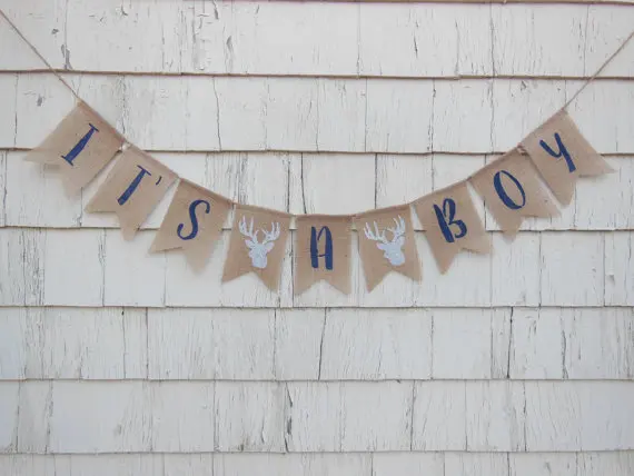 

custom Stag Deer Antlers bear fox it is a boy woodland Baby shower first birthday burlap Banners nursery room Buntings garlands