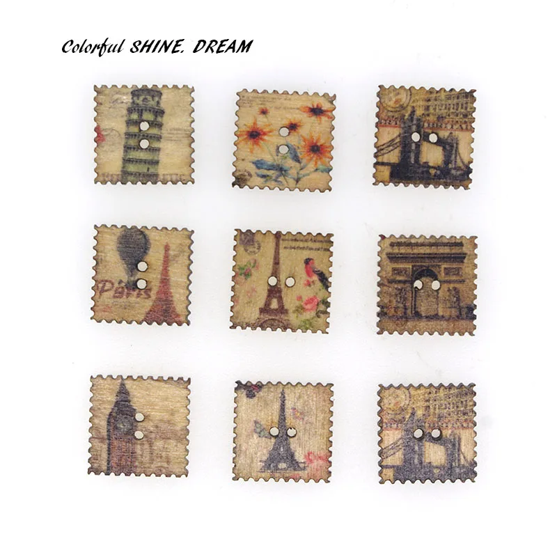

50pcs Square Stamp Wood Buttons Eiffel Tower Painting Sewing Scrapbooking Gift Home Clothing Handwork Decor Card Making DIY 20mm