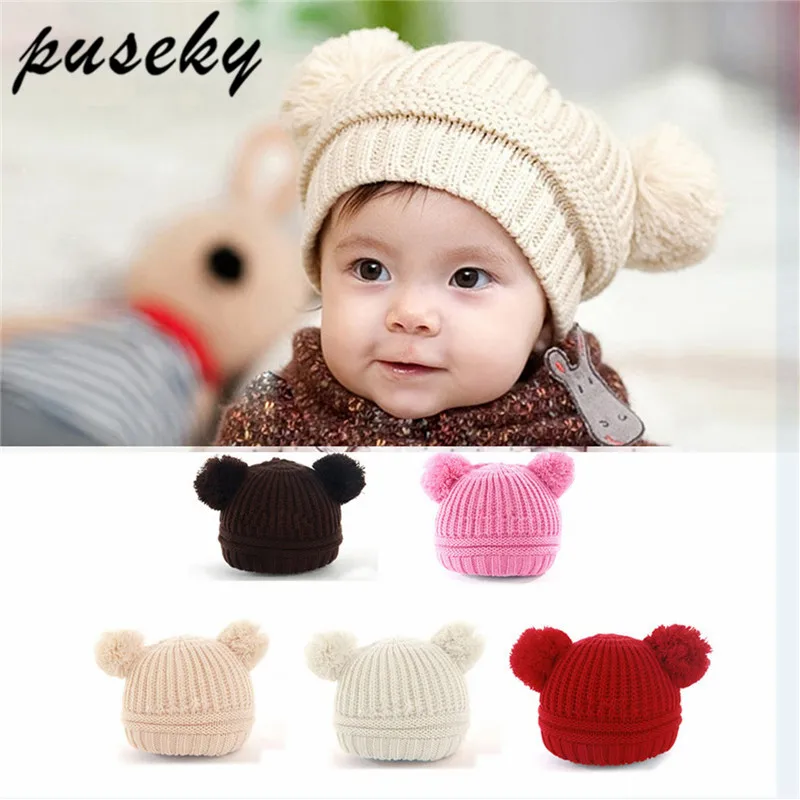 

Puseky Child Caps Winter Hat Dual Pom Poms Fur Ball Knitted Baby Caps Boys Girls Toddler Crochet Beanie Hairball Ear Baby Hat