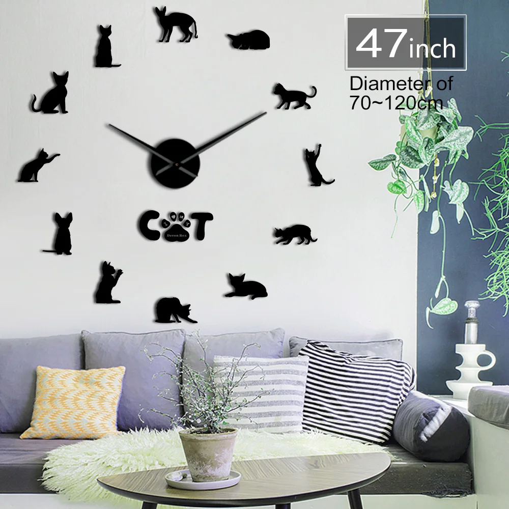 Большой Devon Rex Cat DIY настенные часы акриловые зеркальные с котами 3D кварцевые