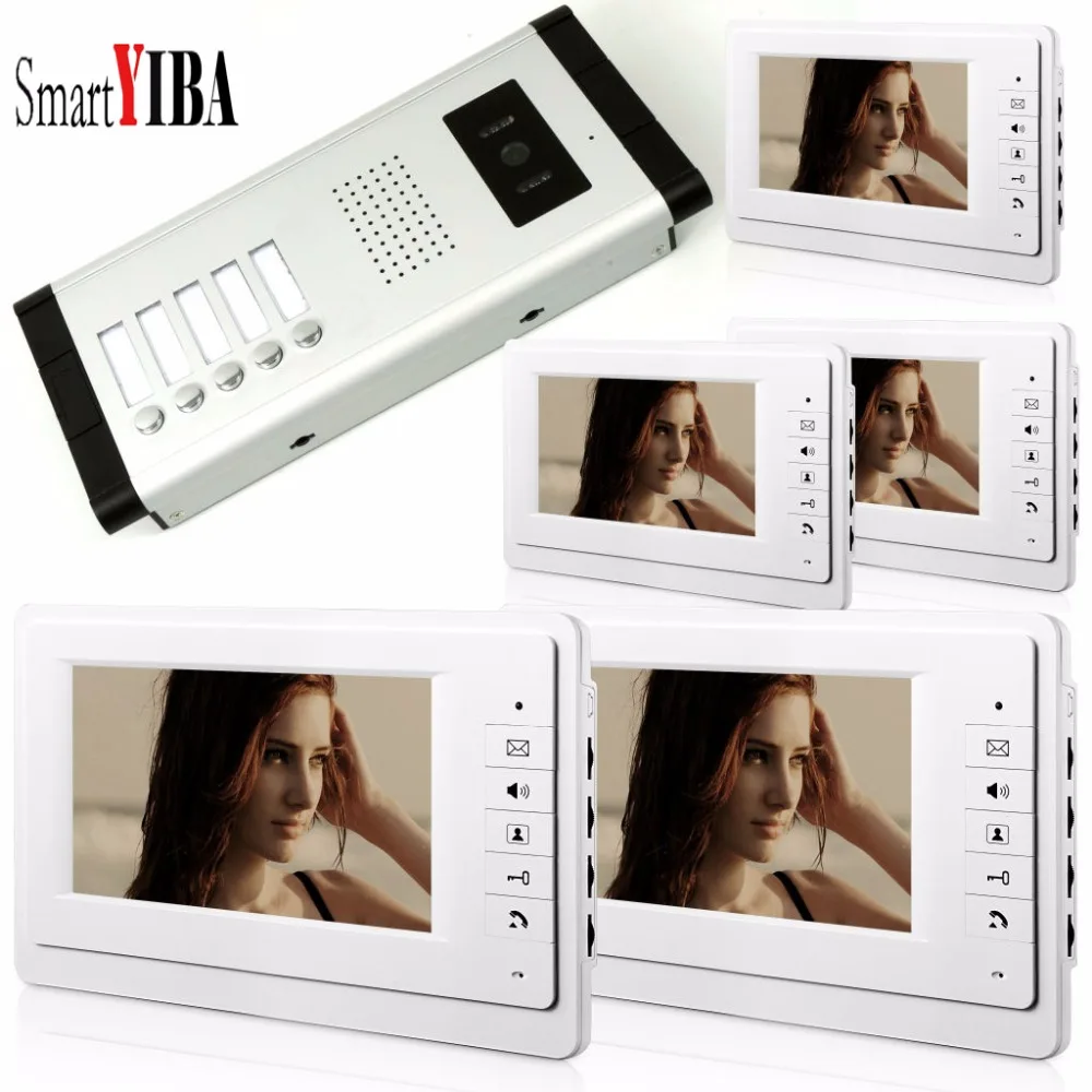 

SmartYIBA 7"Inch TFT LCD Wired Video Intercom Door Phone Doorbell Home Security Camera Intercom System For 5 Units Apartment