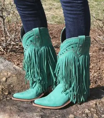 Sexy Green Fringe Rubber Boots Women Round Toe Tassel Mid-calf Winter Ridding Boots Thick Low Heels Studded Motorcycle Boots
Sexy Green Fringe Rubber Boots Women Round Toe Tassel Mid-calf Winter Ridding Boots Thick Low Heels Studded Motorcycle Boots
