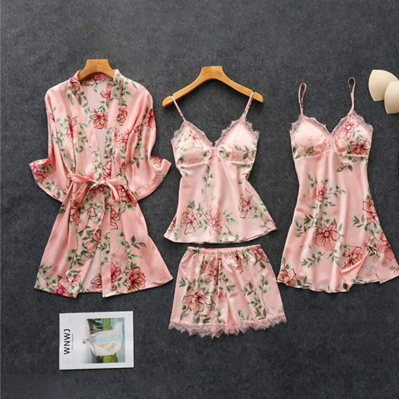 Pajamas For Women Print 4Pcs Rayon Pajamas Set Satin Pyjamas With Shorts Sexy Lace Pjs Sleepwear Home Clothes
Pajamas For Women Print 4Pcs Rayon Pajamas Set Satin Pyjamas With Shorts Sexy Lace Pjs Sleepwear Home Clothes