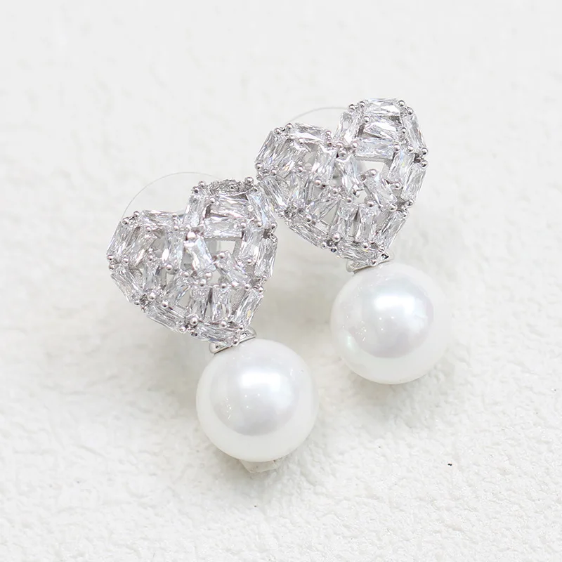 Inlaid stone powder White Heart Love Earrings 925 silver needle imitation pearl | Украшения и аксессуары
