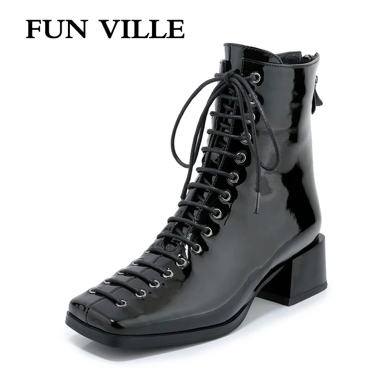 FUN VILLE New Fashion Autumn Winter Women Ankle Boots Square Toe Genuine Patent Leather Boot Sexy Ladies Flats shoes Lace up
FUN VILLE New Fashion Autumn Winter Women Ankle Boots Square Toe Genuine Patent Leather Boot Sexy Ladies Flats shoes Lace up