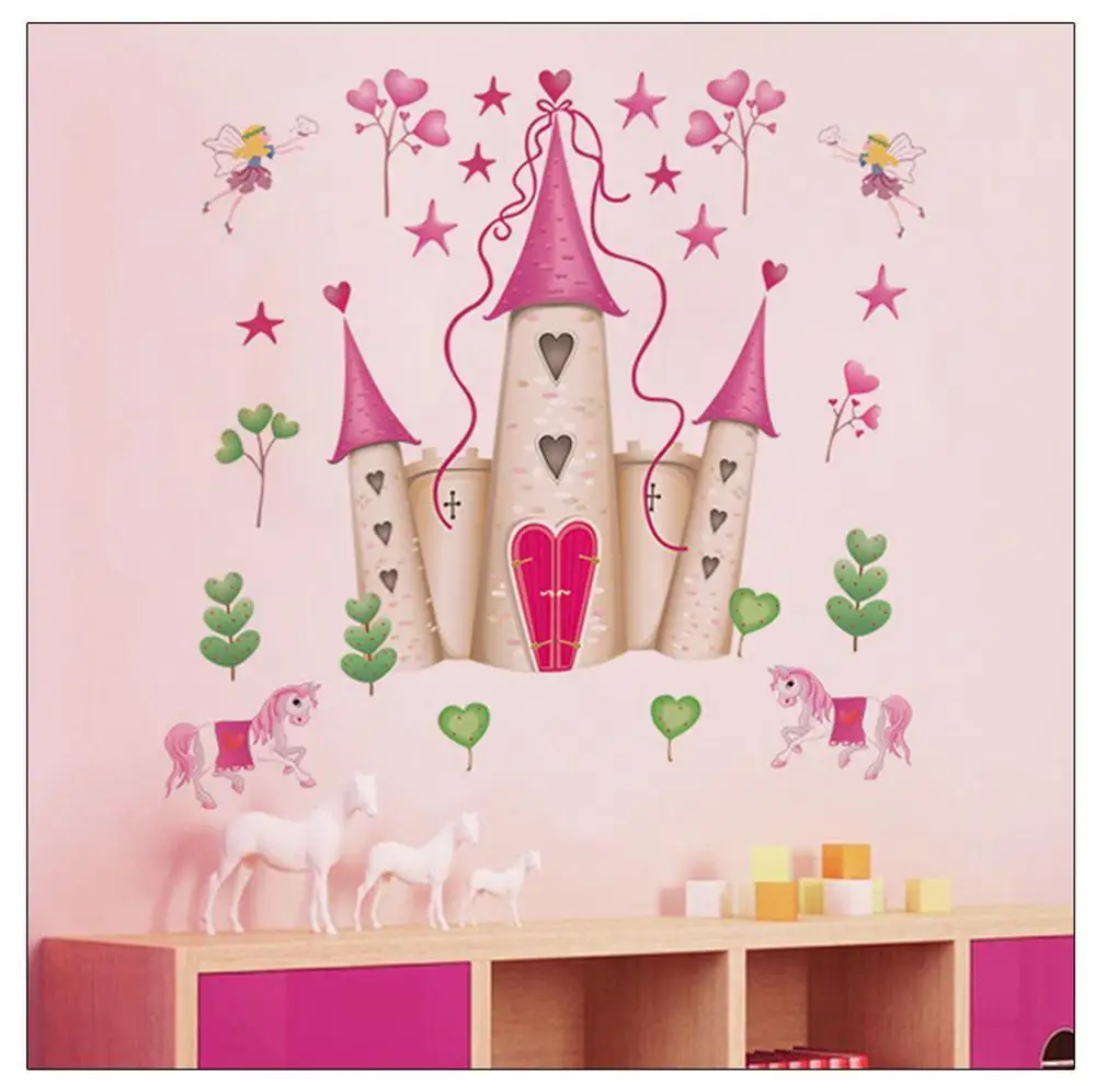 Фото Съемная розовая Настенная Наклейка с изображением замка принцессы наклейка на