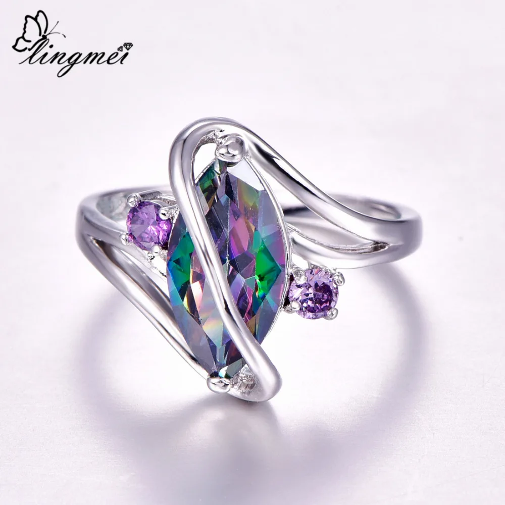 Lingmei Dropshipping Wedding Marquise Cut Multi Red Blue Green Cubic Zircon Silver Color Ring Women Size 6 7 8 9 10 11 12|Кольца| |