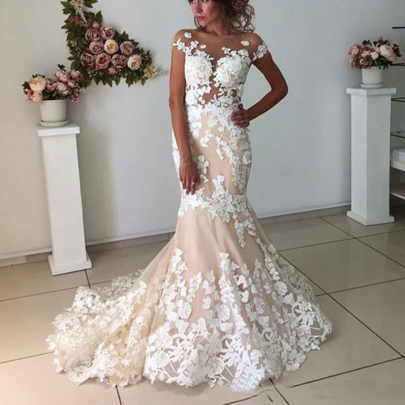 Elegant Lace Appliques Mermaid Wedding Dress Sheer Neck Backless Bridal Gown vestido de novia Sweep Train Wedding Gowns
Elegant Lace Appliques Mermaid Wedding Dress Sheer Neck Backless Bridal Gown vestido de novia Sweep Train Wedding Gowns