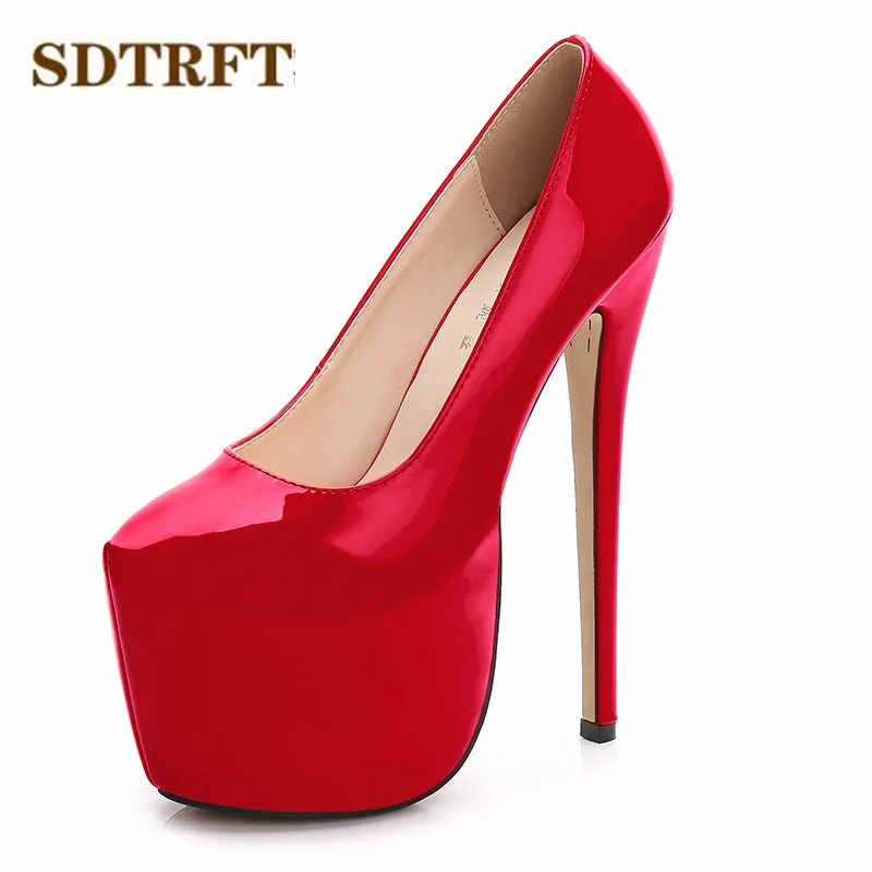 

SDTRFT stilettos Plus:35-44 zapatos mujer 18cm thin heels Patent leather platform Party shoes woman sexy Crossdresser SM pumps