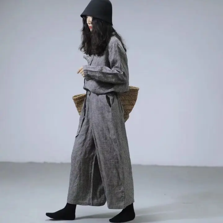 2019 Women Linen plaid jumpsuit loose casual wide leg long sleeve Full Length jumpsuit H72 
2019 Women Linen plaid jumpsuit loose casual wide leg long sleeve Full Length jumpsuit H72