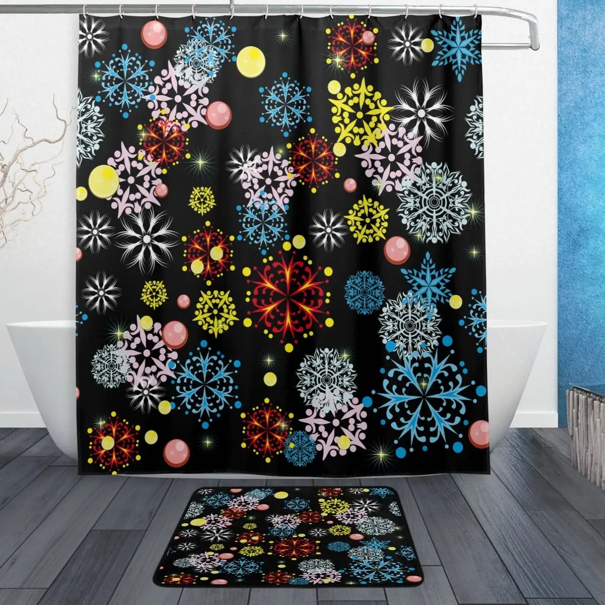 Colorful Winter Snowflake Polka Dot Waterproof Polyester Fabric Shower Curtain with Hooks Doormat Bath Floor Mat Bathroom
Colorful Winter Snowflake Polka Dot Waterproof Polyester Fabric Shower Curtain with Hooks Doormat Bath Floor Mat Bathroom