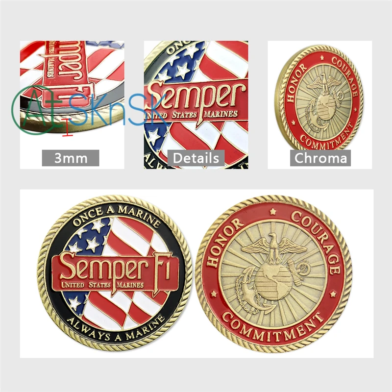 1PC's U.S. Marine Corps Challenge Coins USMC Semper Fidelis Once A Marine Always A Marine