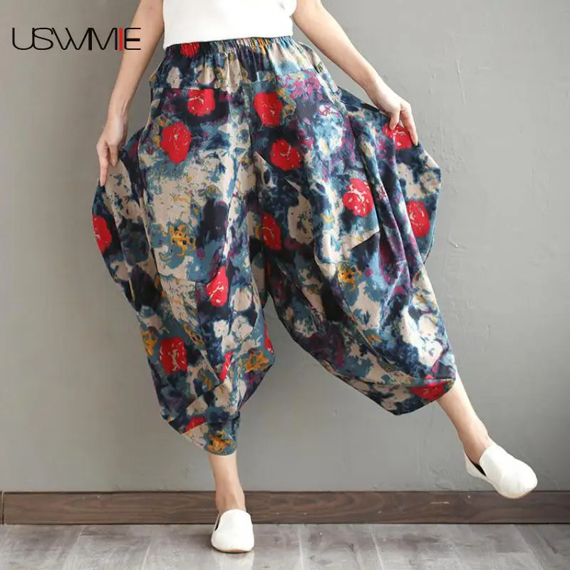 Summer Womens Pants National Wind Casual Elastic Waist Contrast Color Pockets Irregular Leisure Nine Harlan Pants
Summer Womens Pants National Wind Casual Elastic Waist Contrast Color Pockets Irregular Leisure Nine Harlan Pants