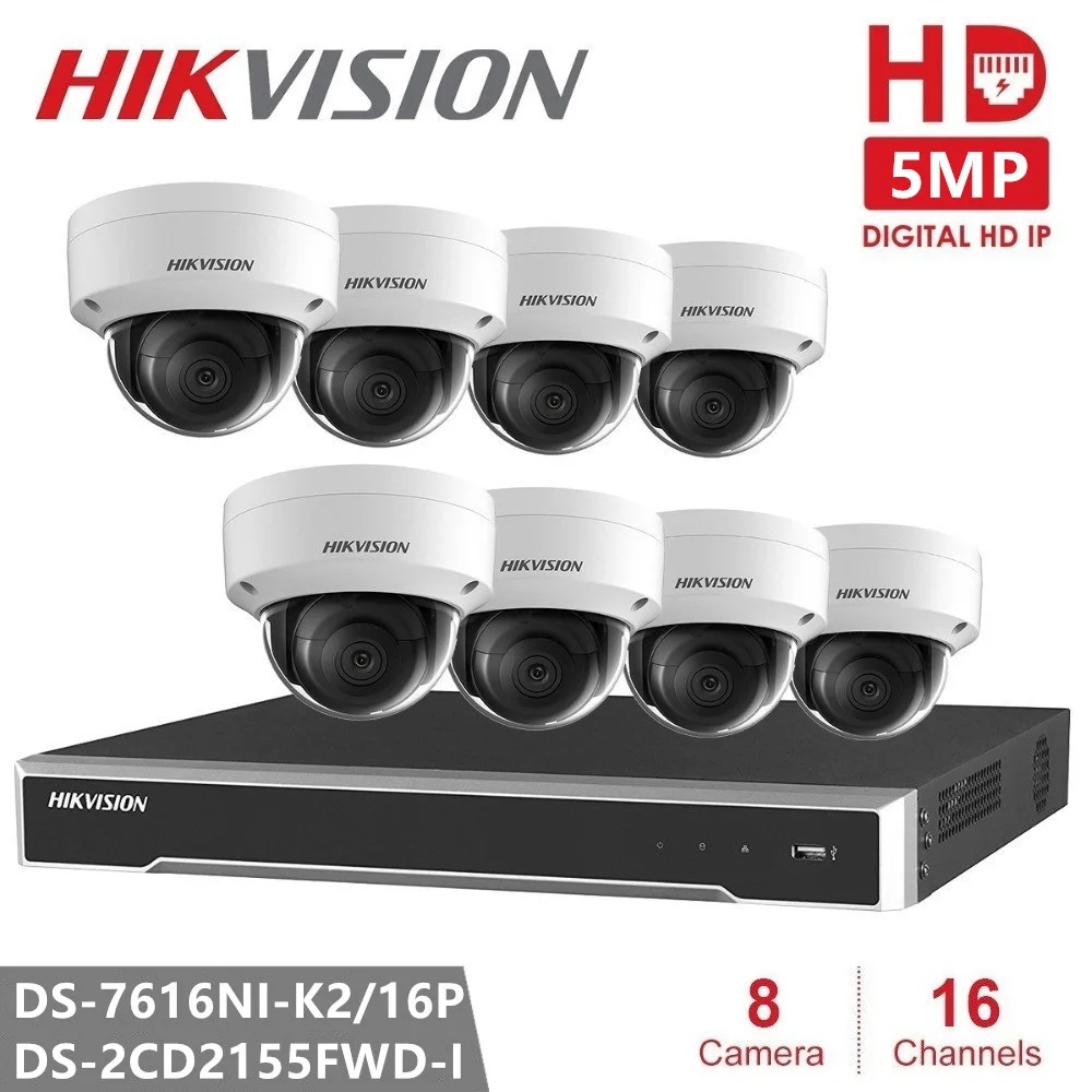 

Купольная IP-камера Hikvision, 16 каналов, 8 шт., HD, 5 МП, POE, H.265, с функцией аудио, P2P NVR комплект камер видеонаблюдения