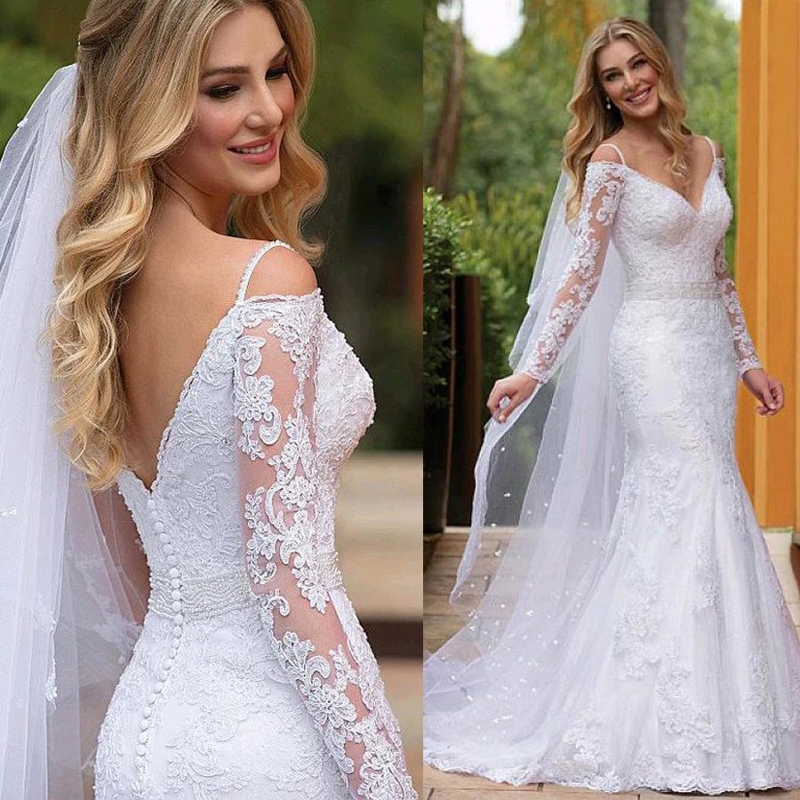 Stunning Tulle V-neck Spaghetti Straps Mermaid Wedding Dresses Lace Appliques Beadings Long Sleeves Bridal Dress
Stunning Tulle V-neck Spaghetti Straps Mermaid Wedding Dresses Lace Appliques Beadings Long Sleeves Bridal Dress