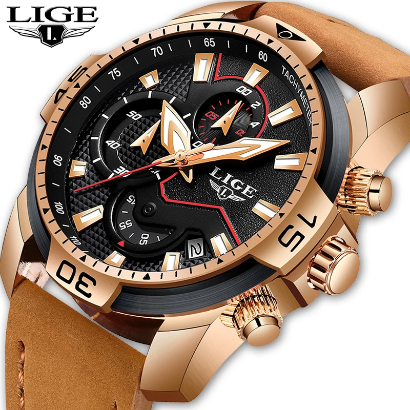 LIGE New Men Watches Top Brand Luxury Leather Quartz Clock Male Sport Waterproof Fashion Gift Gold Watch Relogio Masculino | Наручные