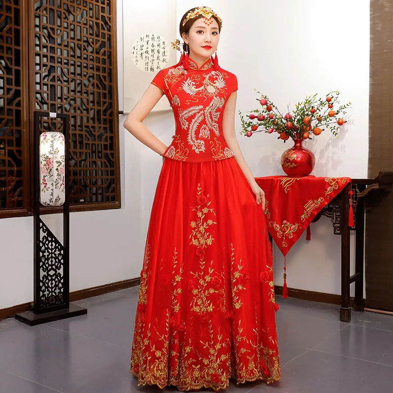 Винтажное красное свадебное платье Cheongsam с вышивкой в традиционном китайском