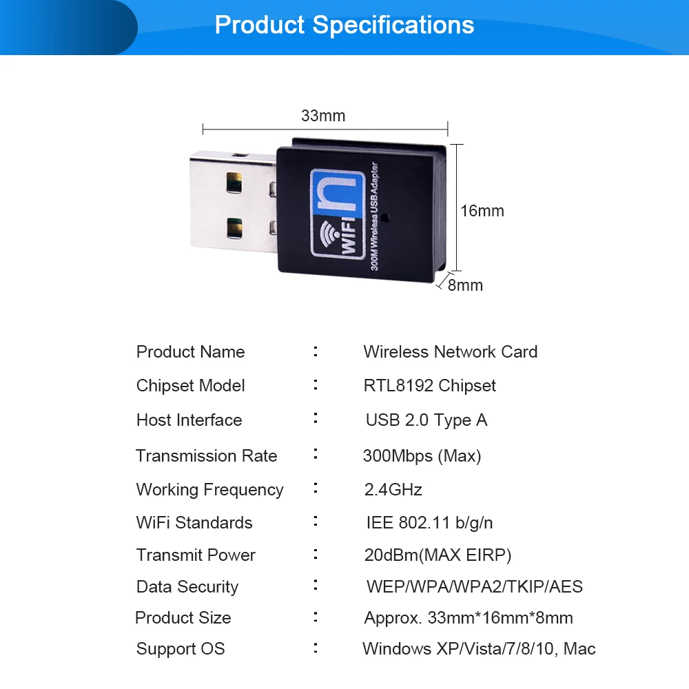 CHIPAL Mini USB WiFi адаптер 300 Мбит/с беспроводная сетевая карта 802.11n 2 4 ГГц Антенна LAN Ethernet