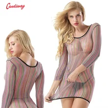 Sexy Mini Dress Colorful Stripe long sleeve Transparent Hollow out Fishnet Erotic rainbow dress Lace Plunge Chemise