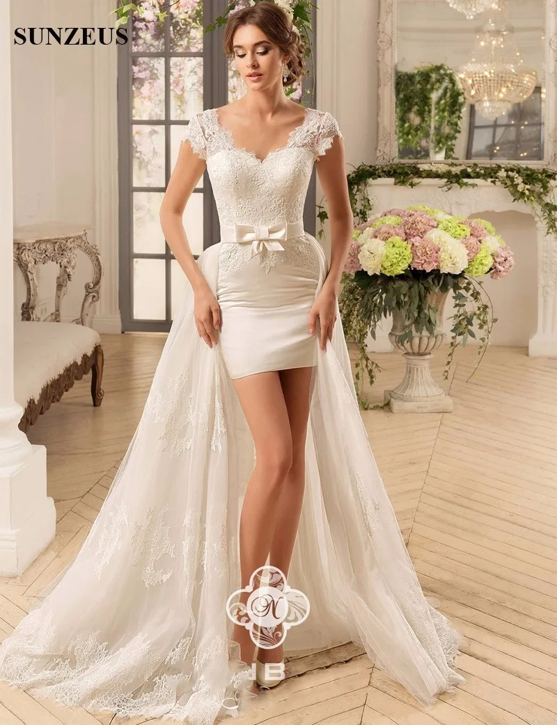 Detachable Train High Low Sexy Short Wedding Dresses Cap Sleeve Lace Summer Beach Wedding Gowns robe mariage S1099
Detachable Train High Low Sexy Short Wedding Dresses Cap Sleeve Lace Summer Beach Wedding Gowns robe mariage S1099