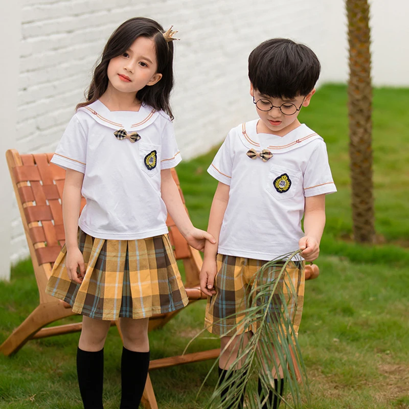 Kids Fashion School Uniforms Korean Japanese Style Class Clothes White Top Yellow Plaid Skirt/Pants Tie Stage Costumes for Child
Kids Fashion School Uniforms Korean Japanese Style Class Clothes White Top Yellow Plaid Skirt/Pants Tie Stage Costumes for Child