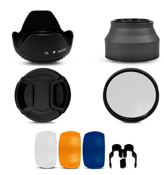 

58MM UV Filter + Lens Hood + Cap+3 pop up diffuser for Canon Rebel T4i T3i T3 T2i T1i XT XS XSi 18-55mm