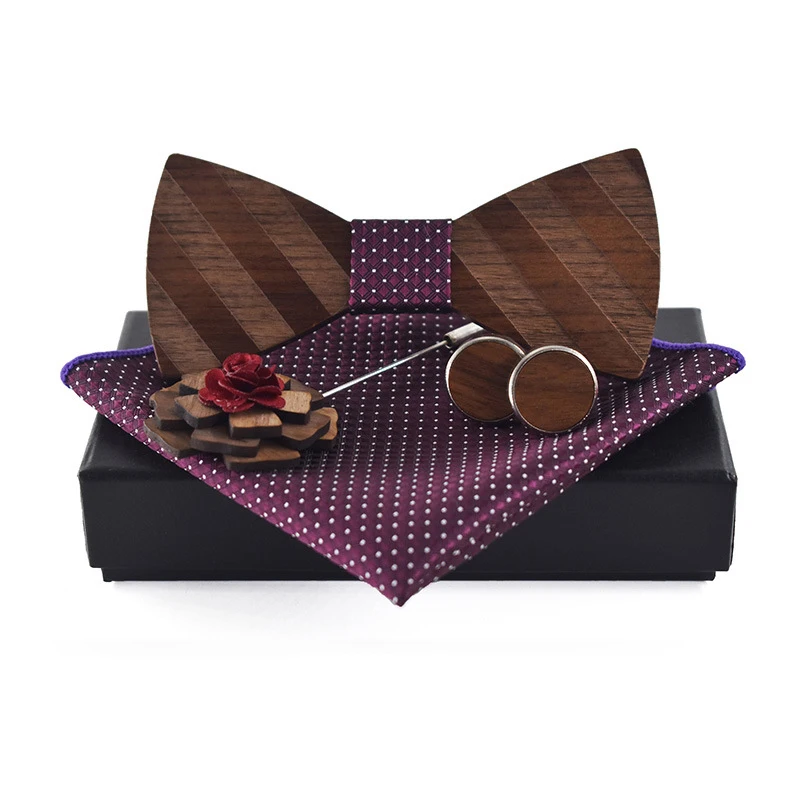 Мужской деревянный галстук-бабочка носовой платок запонки с отворотом набор