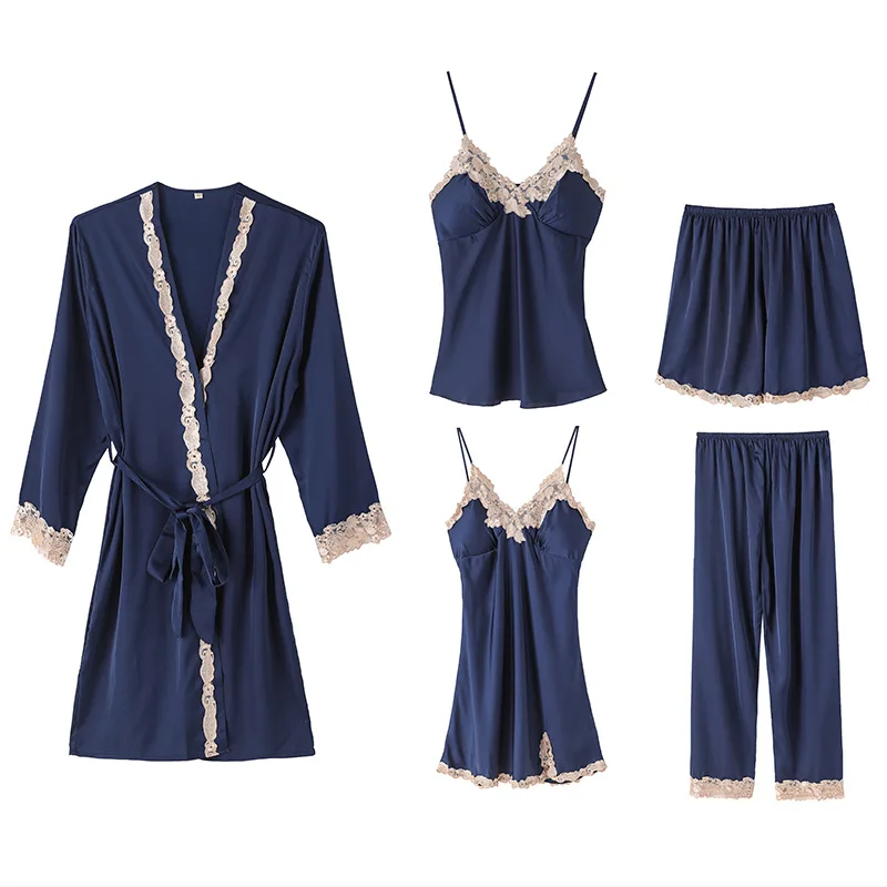 Women Pajamas 5 Pieces Satin Sleepwear Pijama Silk Home Wear Home Clothing Lace Tirm Lounge Pyjama with Chest Pads
Women Pajamas 5 Pieces Satin Sleepwear Pijama Silk Home Wear Home Clothing Lace Tirm Lounge Pyjama with Chest Pads