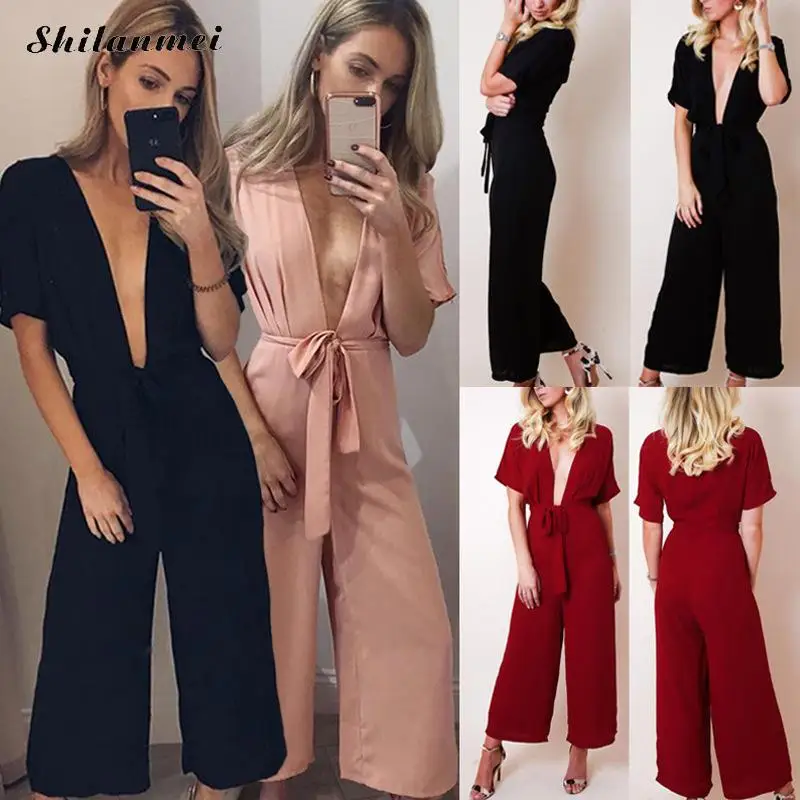 New 2019 Women Romper Overalls Solid Color Deep V Neck Short Sleeve Jumpsuits With Belt Elegant Slim Wide Pants Bodysuits
New 2019 Women Romper Overalls Solid Color Deep V Neck Short Sleeve Jumpsuits With Belt Elegant Slim Wide Pants Bodysuits