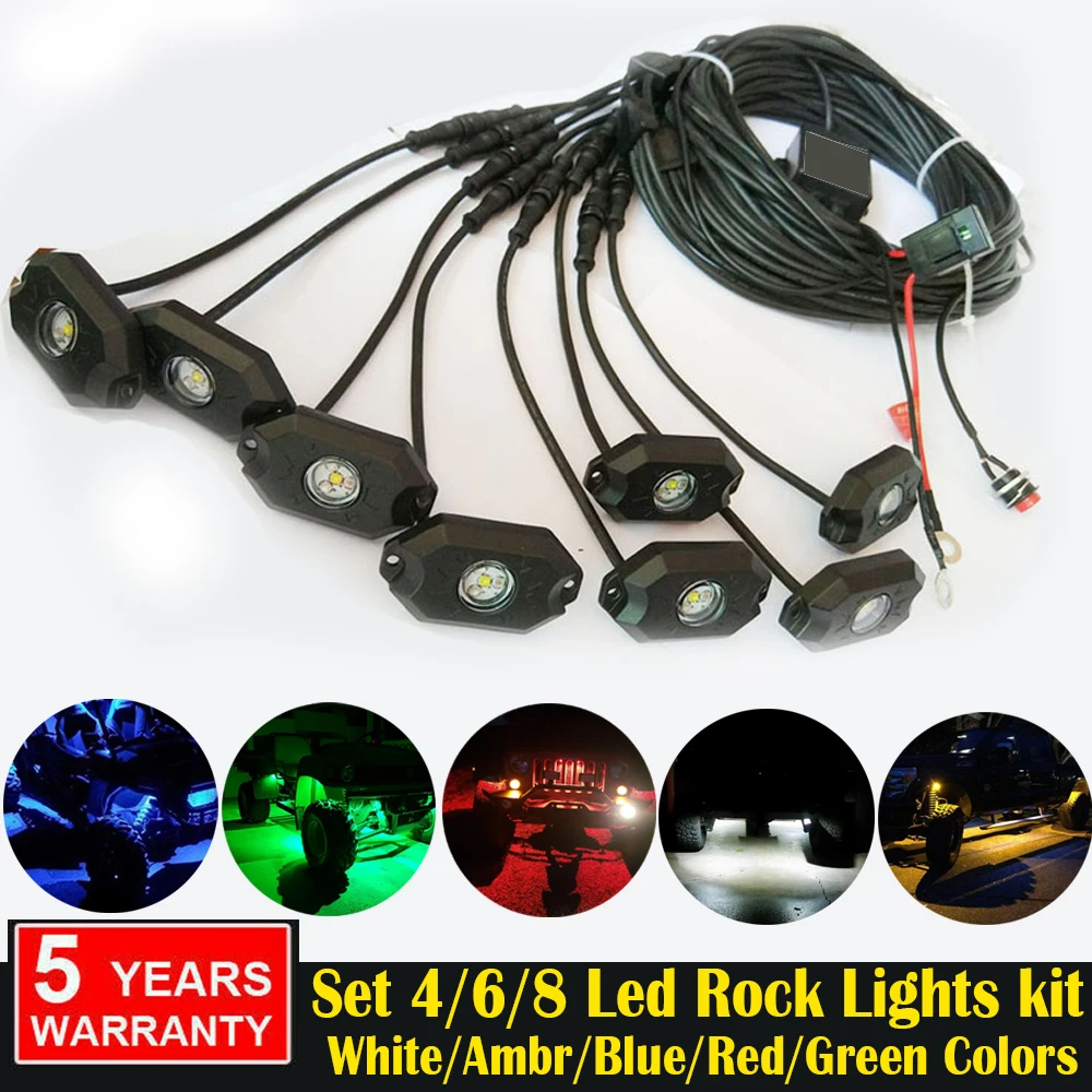 

Set 4 6 8 Pods Waterproof Off-road Led Rock Light Kit Strobe Chasing 14 Lighting Modes White/Red/Green/Blue/Amber + Wiring Kits