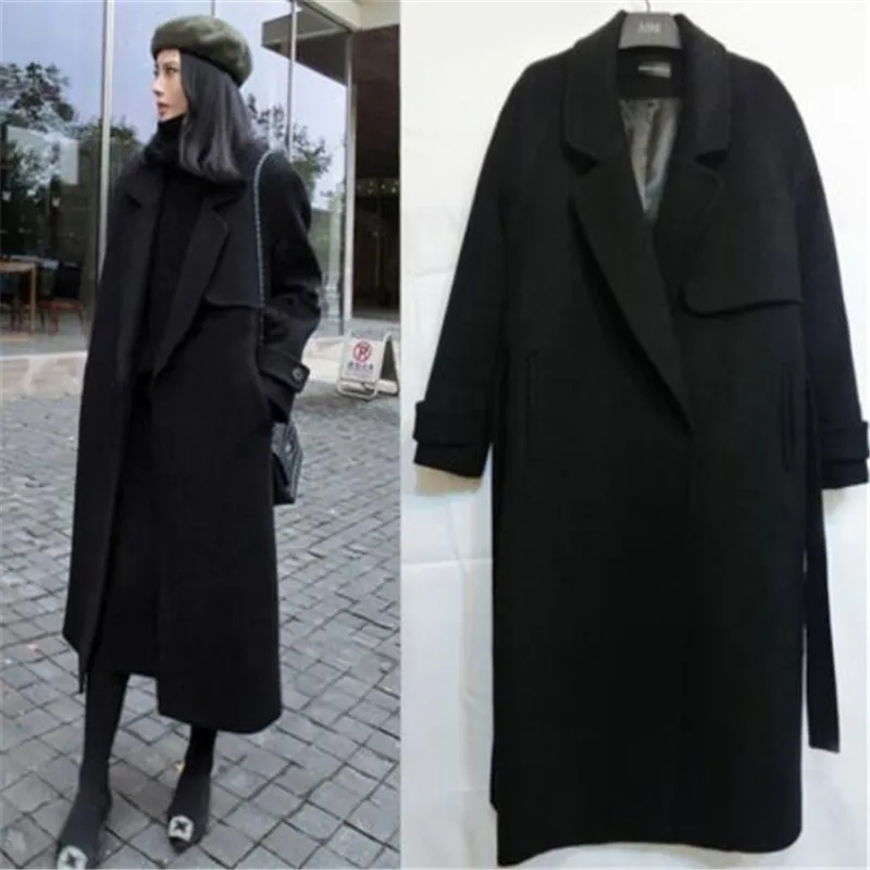 Женское повседневное шерстяное пальто оверсайз длинное с поясом кашемировая