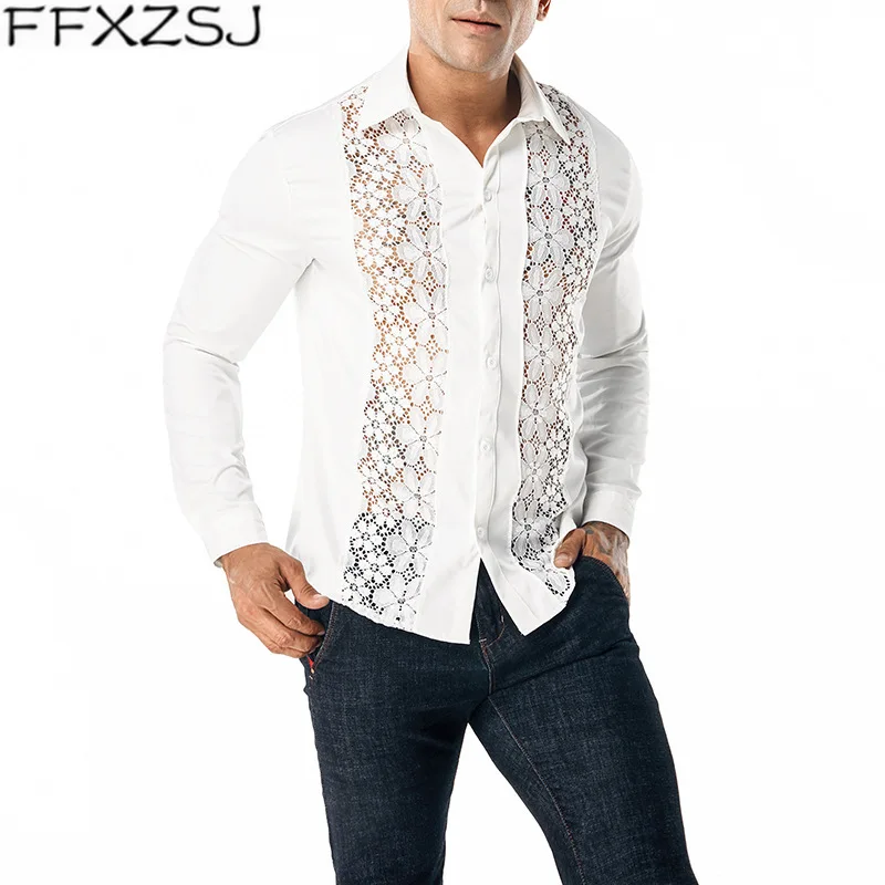Men Black Lace Shirt Autumn Bilateral Lace Decoration Floral Embroidery Sexy Dress Shirts Male Party Wedding Social Shirt XXL
Men Black Lace Shirt Autumn Bilateral Lace Decoration Floral Embroidery Sexy Dress Shirts Male Party Wedding Social Shirt XXL