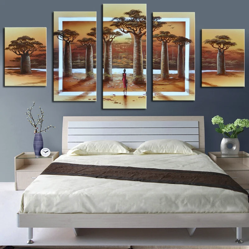 

Modern Paintings on Canvas Wall Art Abstract Africa People Tree Oil 5 Pieces Landscape Hand Painted Home Decor Pictures Unframed