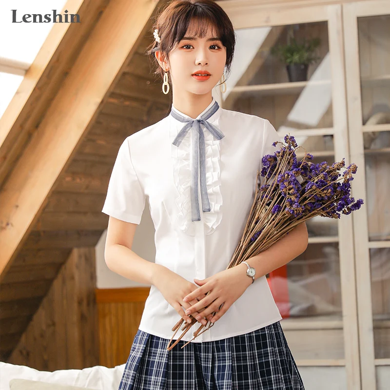 Lenshin Women's Bow Tie Blouses Short Sleeve Pleated Shirt Women Office Lady Work Wear Elegant Stand Collar Tops Slim
Lenshin Women's Bow Tie Blouses Short Sleeve Pleated Shirt Women Office Lady Work Wear Elegant Stand Collar Tops Slim
