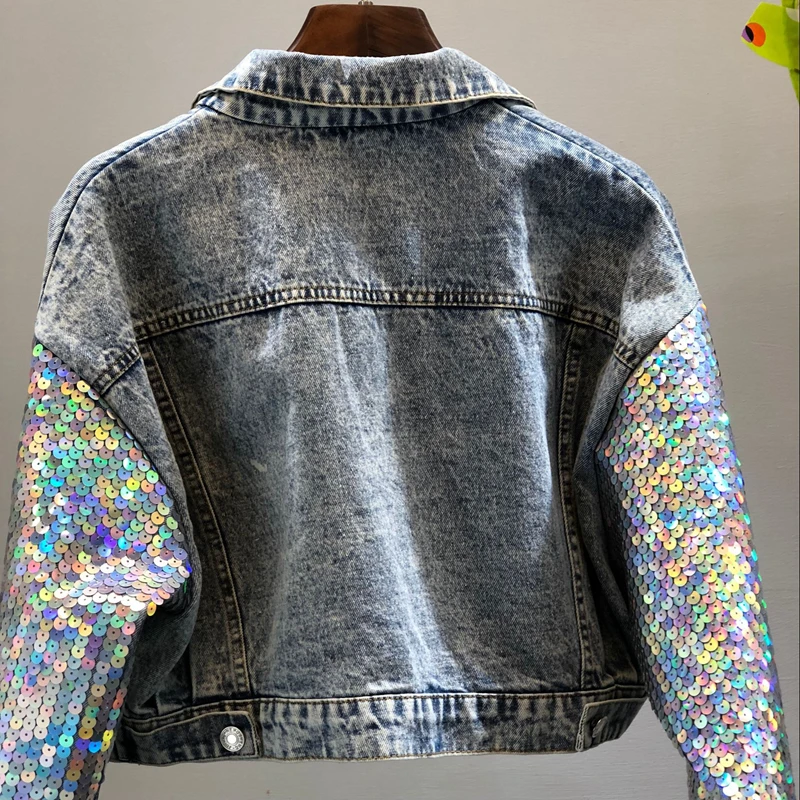 

Cakucool New Shiny Sequins Denim Coats Women Shimmer Bling Jeans Jacket Crop Top Long Sleeve Punk Chic Jaqueta Casaco Feminino