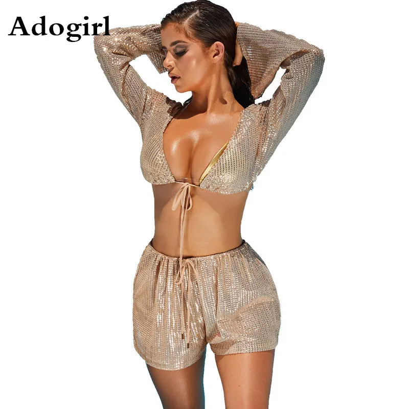 Adogirl Solid Color Sequin Women 2 Piece Set Long Sleeve Tie Up V-neck Crop Top +Empire Casual Shorts Sexy Beach Party Tracksuit
Adogirl Solid Color Sequin Women 2 Piece Set Long Sleeve Tie Up V-neck Crop Top +Empire Casual Shorts Sexy Beach Party Tracksuit