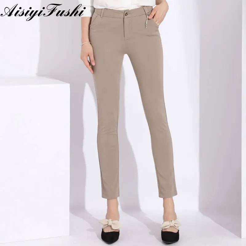 Офисные брюки цвета хаки женские с завышенной талией классические стрейч осень 35