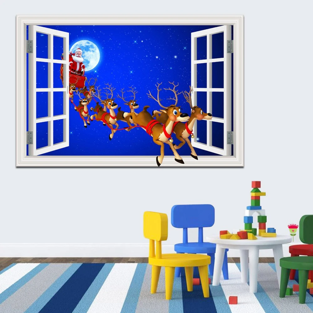 

Cartoon Merry Christmas Sticker Window Scenery 3d Wallpaper Wall Decal Home Decor Living Room Murals Art Santa Claus Reindeer