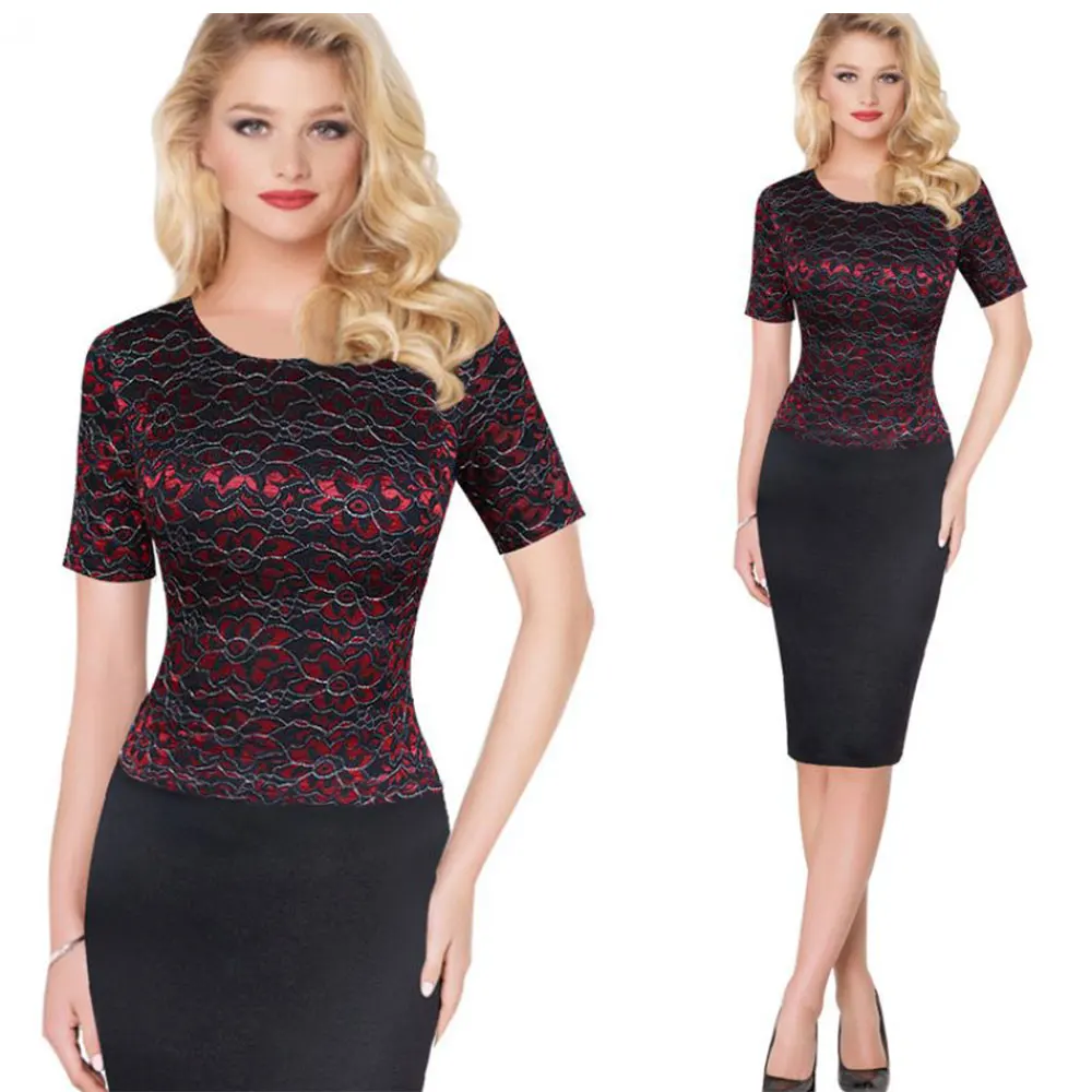 Женское кружевное платье до колена с круглым вырезом и коротким рукавом|lace dress|women