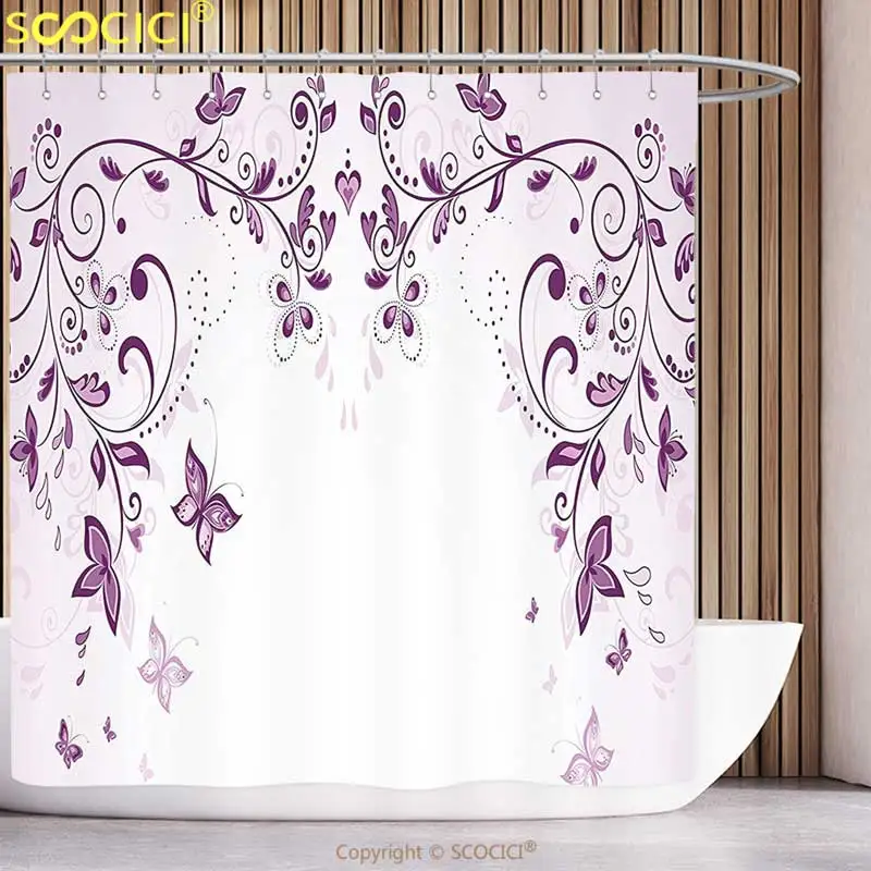Декоративная занавеска для душа, коллекция фиолетового декора, симметричный Викторианский период, вдохновленный весенним цветком с длинными завитками для церемонии 
Декоративная занавеска для душа, коллекция фиолетового декора, симметричный Викторианский период, вдохновленный весенним цветком с длинными завитками для церемонии