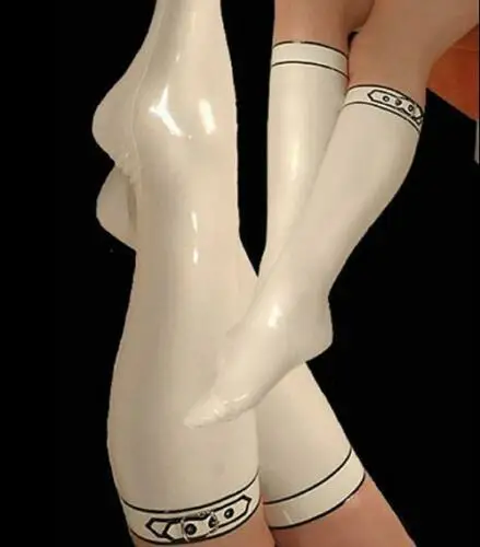 

Ladies Blanco con negro Sexy hasta la rodilla medias largas de látex con cinturón calcetines de goma medias altas del muslo