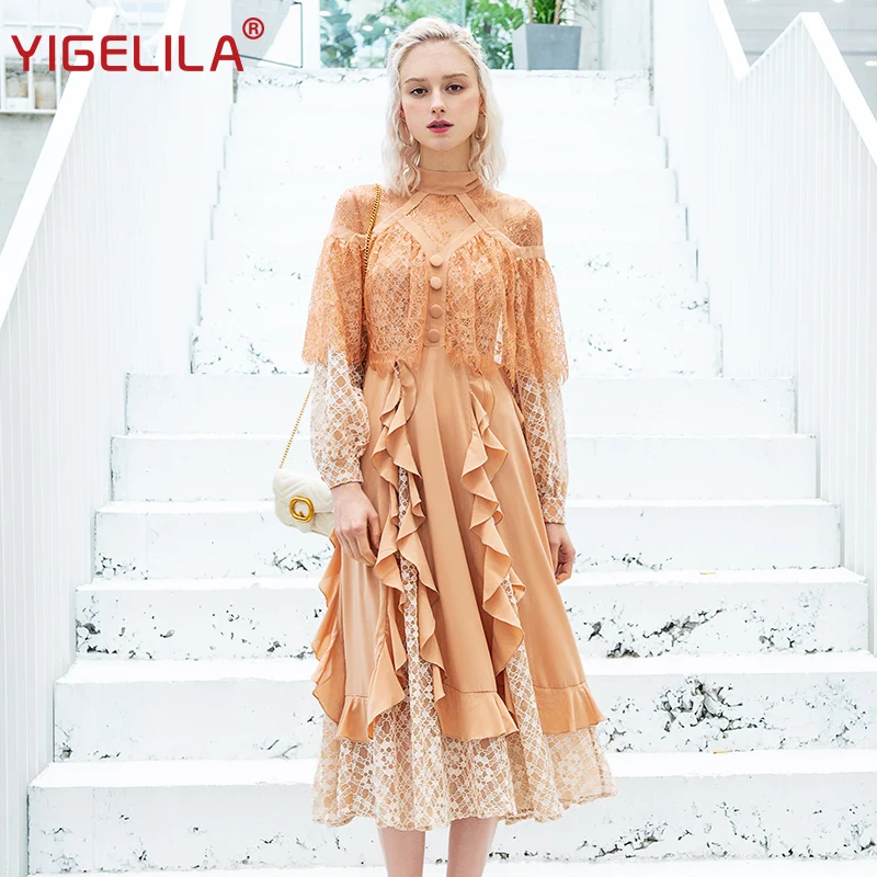 YIGELILA Early Spring Women Ruffles Lace Dress Fashion Elegant Stand Neck Empire Slim Holiday Long Dress 64477
YIGELILA Early Spring Women Ruffles Lace Dress Fashion Elegant Stand Neck Empire Slim Holiday Long Dress 64477