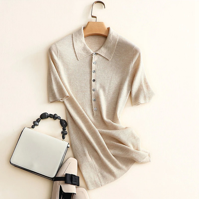 T-shirt Women 100% Cashmere Knitted Turn-down Collar Short Sleeves Button Decoration Solid 4 Colors Basic Top Casual Clothing
T-shirt Women 100% Cashmere Knitted Turn-down Collar Short Sleeves Button Decoration Solid 4 Colors Basic Top Casual Clothing