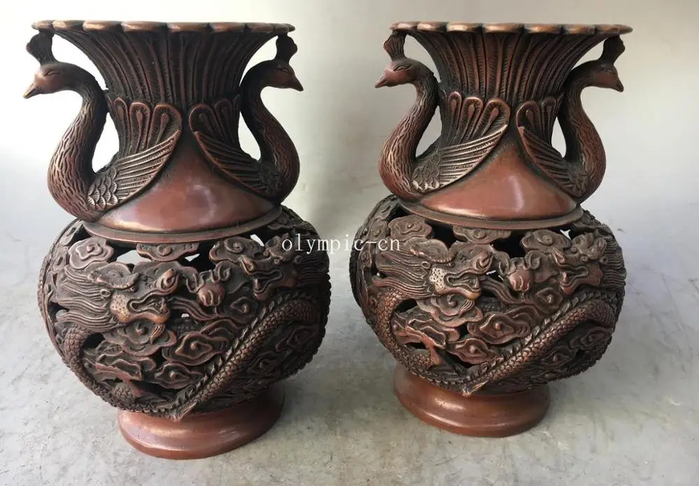 Pair 9'' red copper carvings home fengshui decor both dragon phoenix vase statue
Pair 9'' red copper carvings home fengshui decor both dragon phoenix vase statue