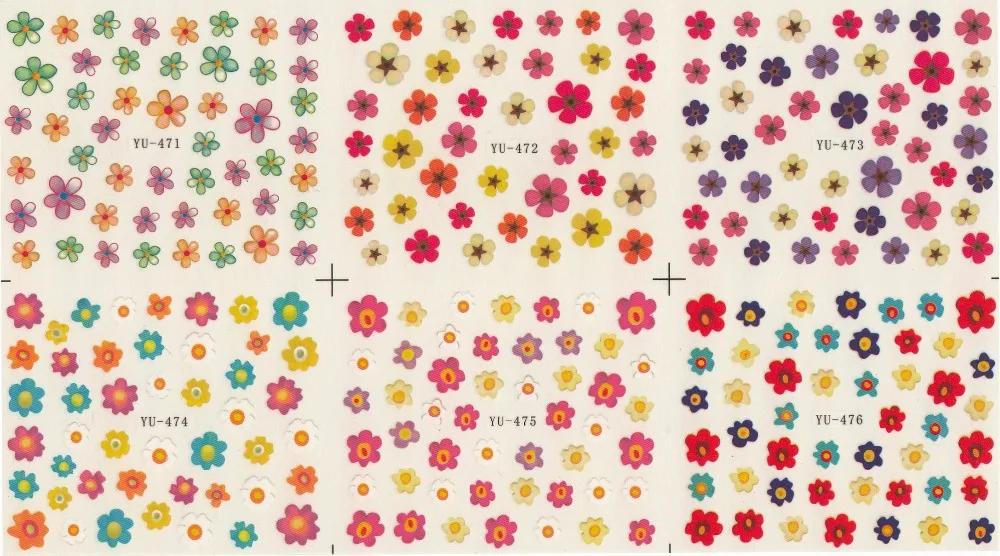 Фото Наклейки на водной основе для Nail Art маникюра. 6 Листов с разными цветами. YU471-476 |