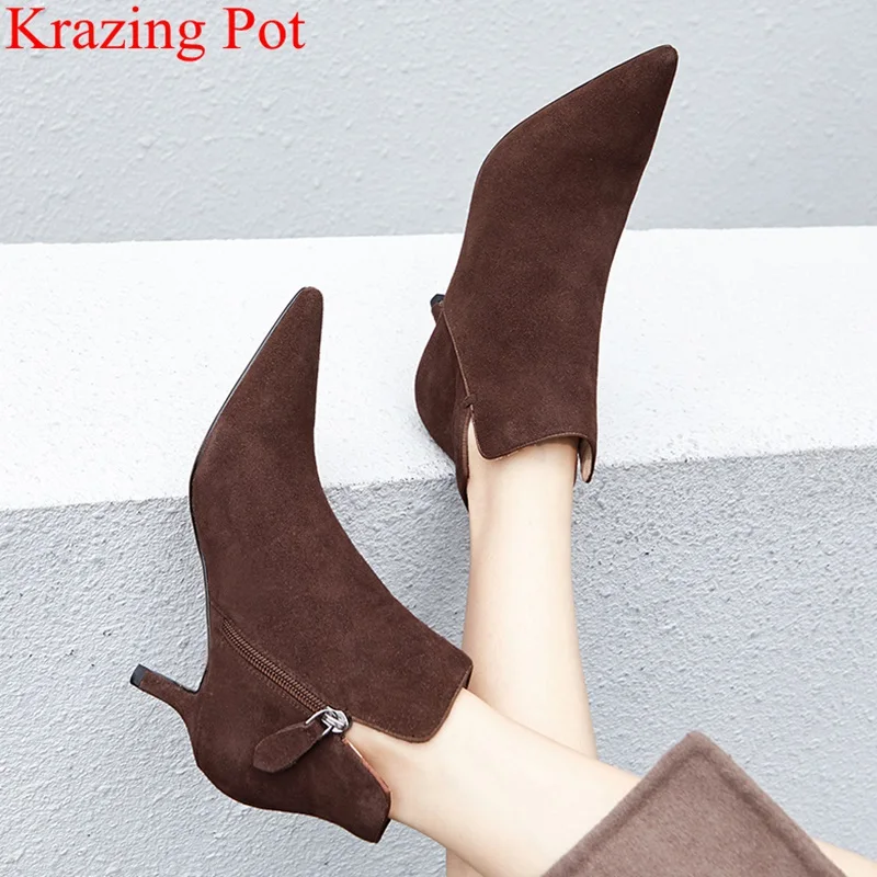 2019 superstar pointed toe genuine leather office lady high heels women ankle boots runway classics luxury winter shoes L97
2019 superstar pointed toe genuine leather office lady high heels women ankle boots runway classics luxury winter shoes L97