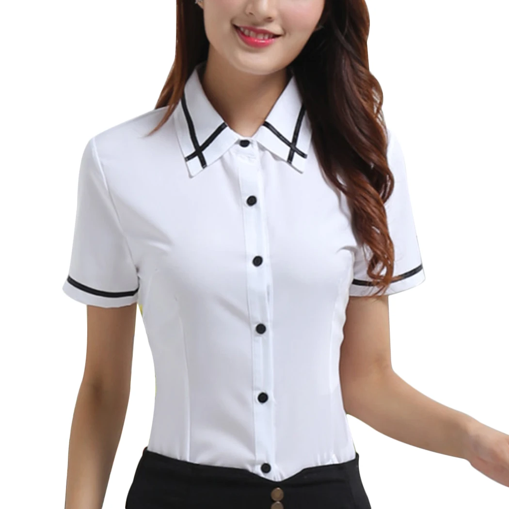 Женская мода Длинный рукав отложной воротник Формальные Blusas элегантные женские