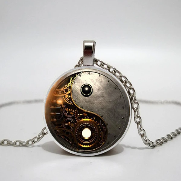 Стимпанк Ying Yang фото Тибет Серебрянные слитки круглый Стекло подвеска на цепочке
