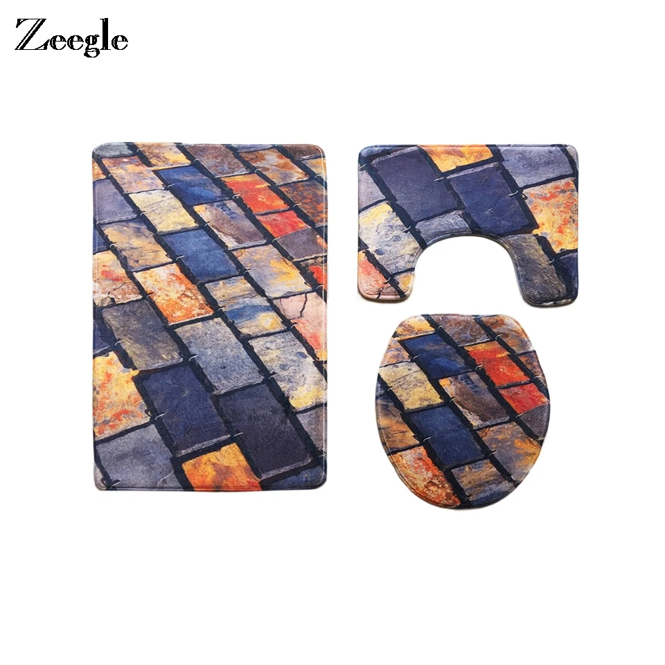 

Zeegle Chromatic Brick Flannel 3Pcs Mats For Bathroom And Toilet Non-slip Floor Mat Bath Rugs Absorbent Pad Rug Toilet Lid Cover