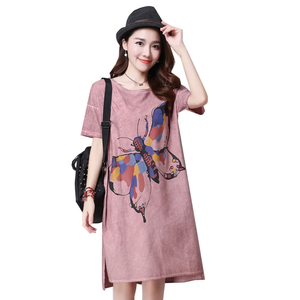 Женщины летняя мода бабочка отпечатано свободные туника белье хлопок китайский